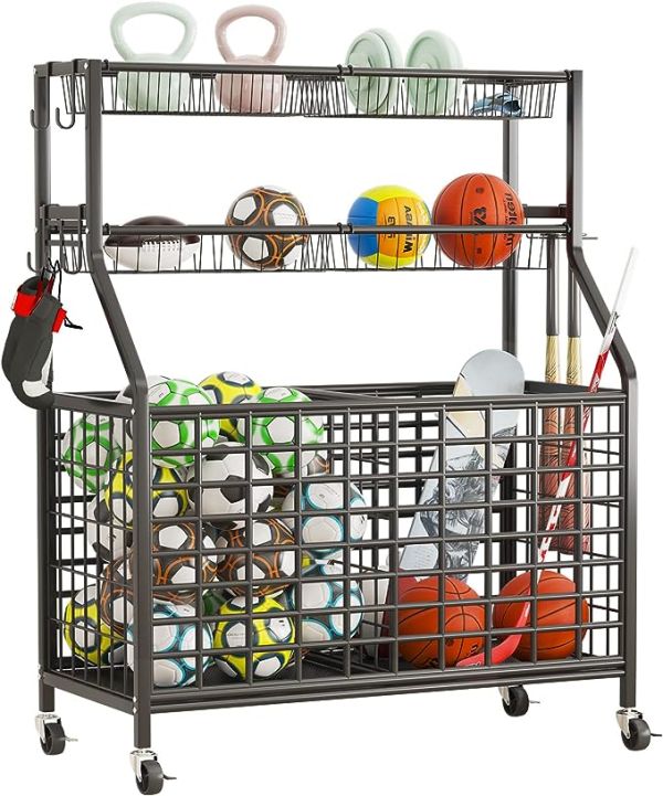 GILLAS Basketball Rack Ball Storage Rack, Garage Organizer, Sports Equipment Sports Gear Storage, for Sports Gear/Toys, for Indoor/Outdoor Black